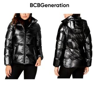 NEW BCBGeneration Hooded Black Metallic Puffer Coat - Large